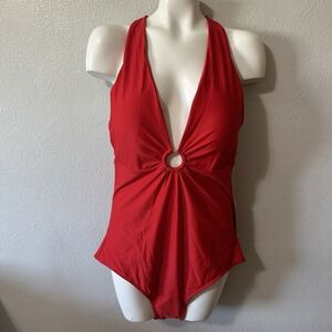 NEW Summersalt The O Ring Reef One Piece Swimsuit Red Plunge Deep Vneck Size 14‎